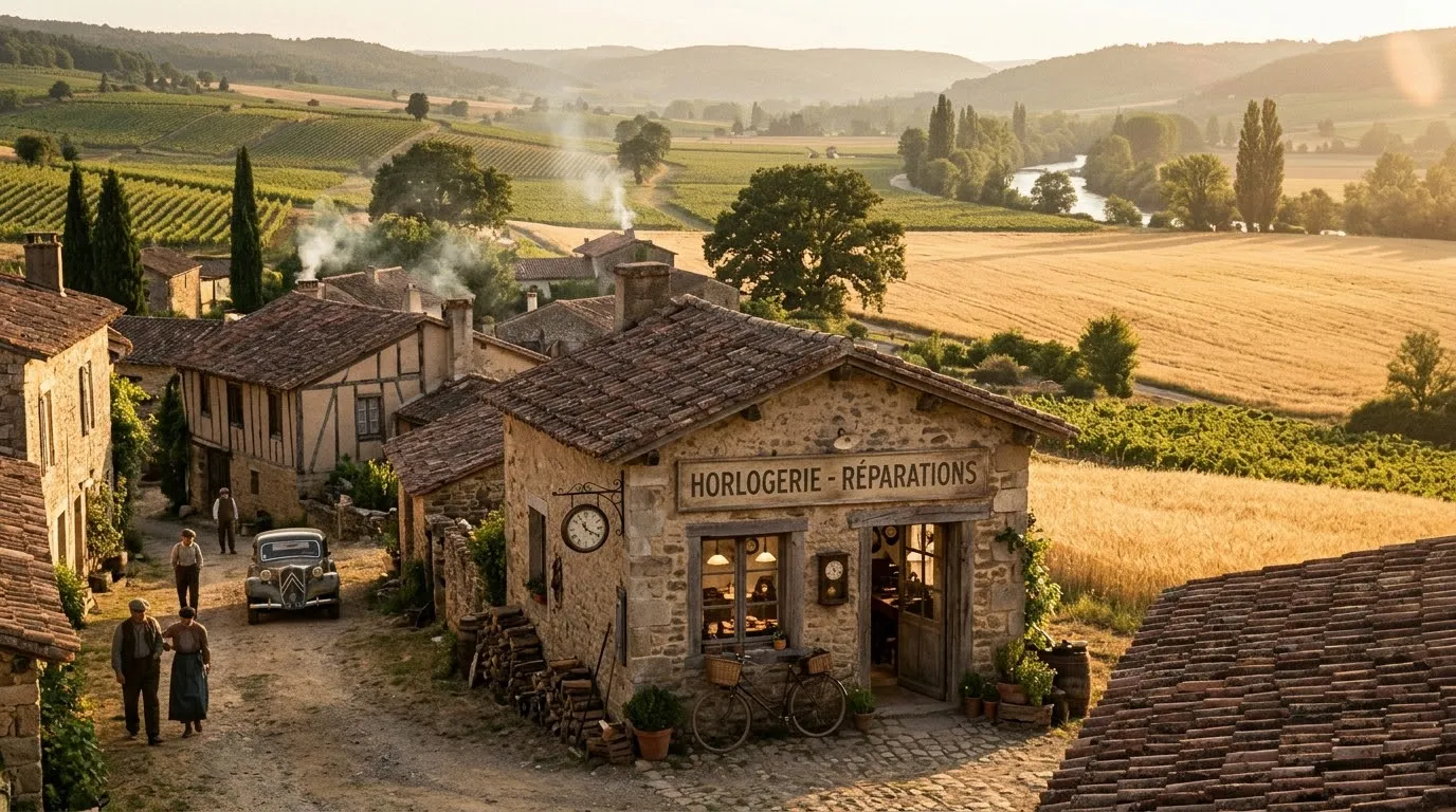 A warm, nostalgic view of rolling vineyards and wheat fields in a small 1940s French village.