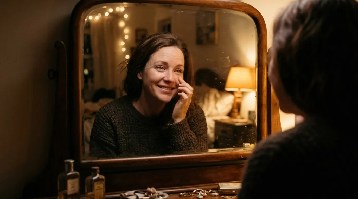 Sarah smiling peacefully at her own reflection in the bedroom mirror