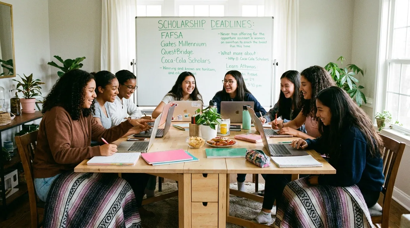 Teenage girls sitting around a dining table studying and filling out college applications