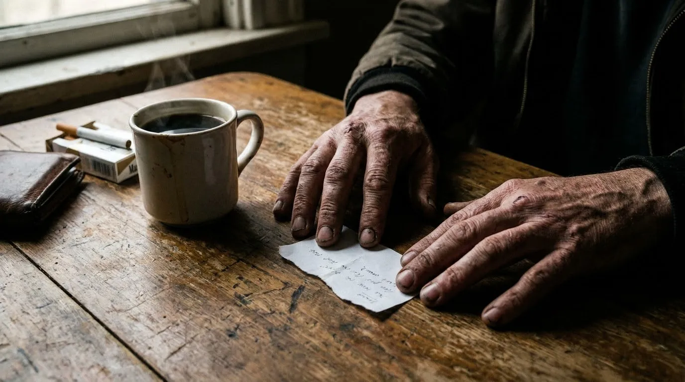 A man's hands sliding a scrap of paper across a wooden kitchen table