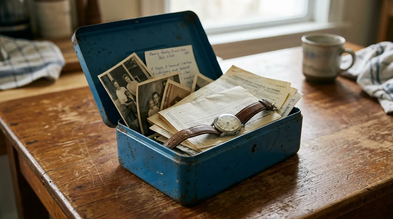 A scratched blue metal lockbox open on a wooden kitchen table, revealing old papers and photos