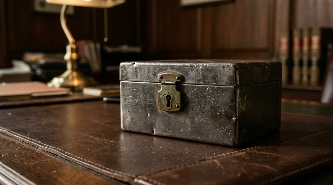 A scratched metal box with a brass lock sitting on a leather desk