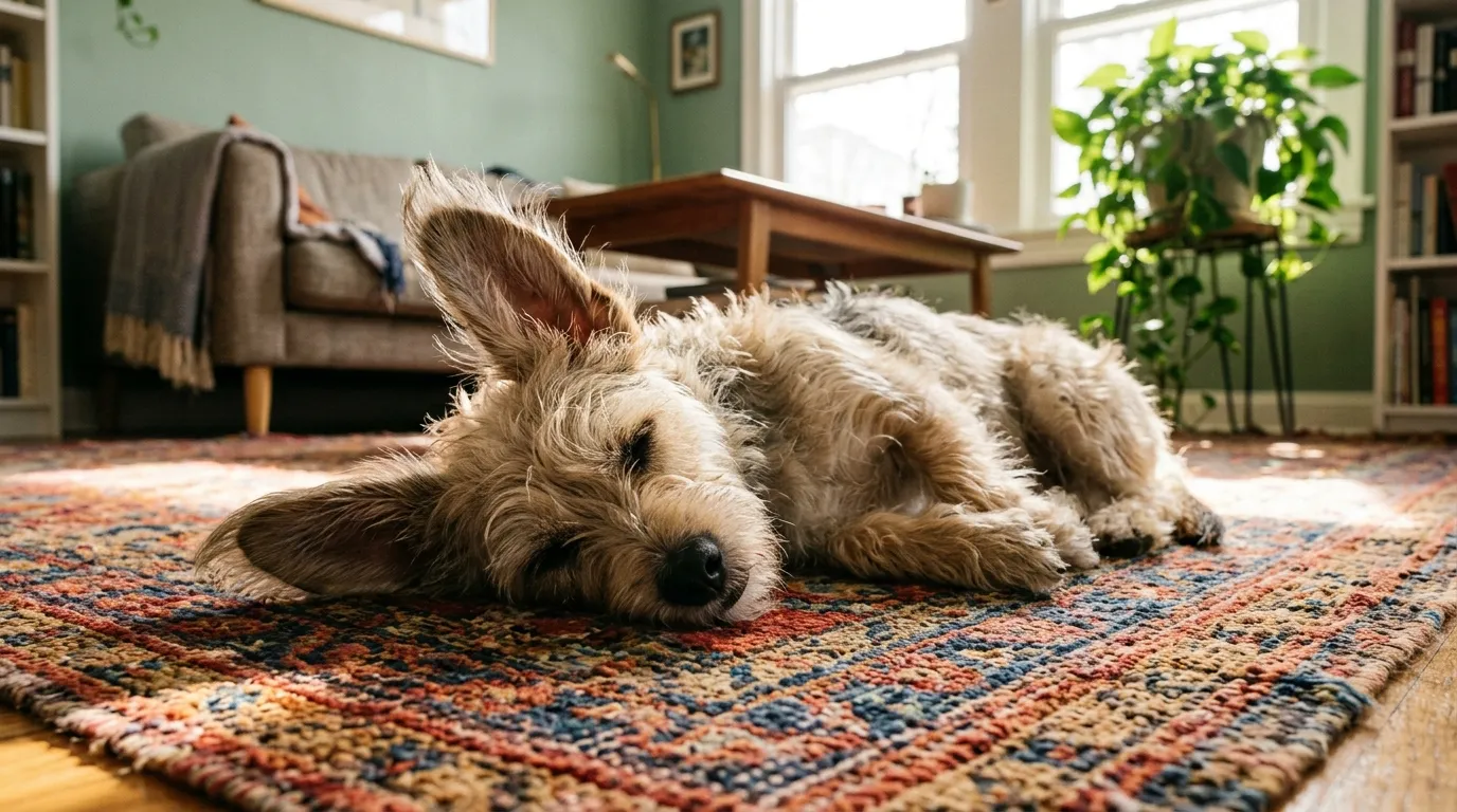 A cute, scruffy terrier mix dog sleeping on a colorful rug in a sunlit living room with sage green walls.