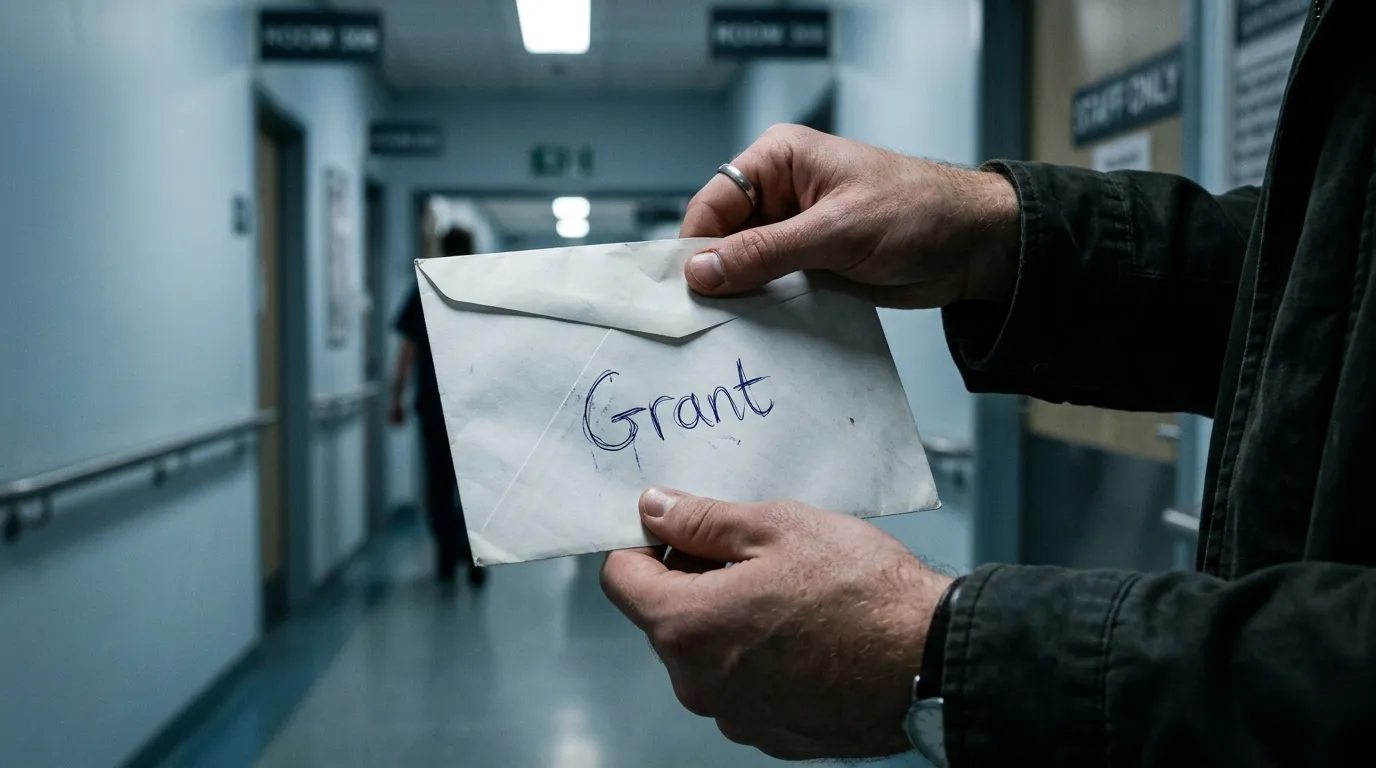 Hands holding a sealed envelope with the name Grant written on it in a hospital corridor