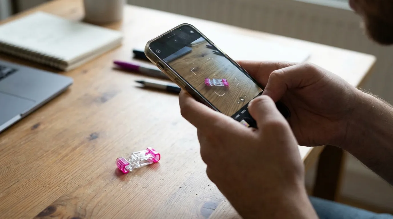 A person holding a smartphone, taking a close-up photo of a small plastic object to search for it online
