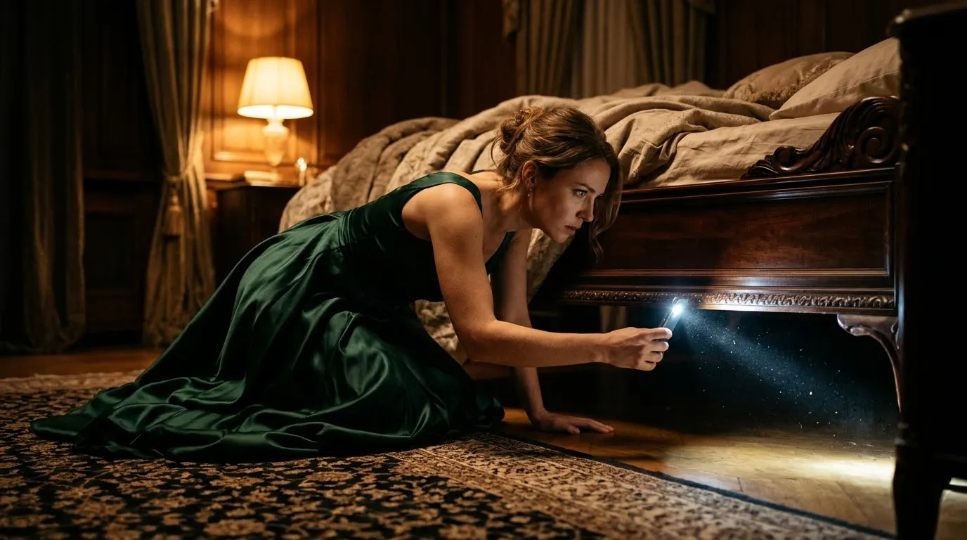 Woman in an evening gown looking under a heavy wooden bedframe with a phone flashlight