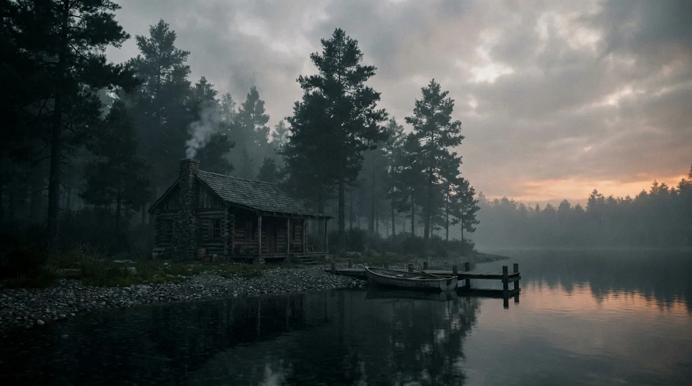 A secluded wooden cabin surrounded by tall pine trees near a calm lake