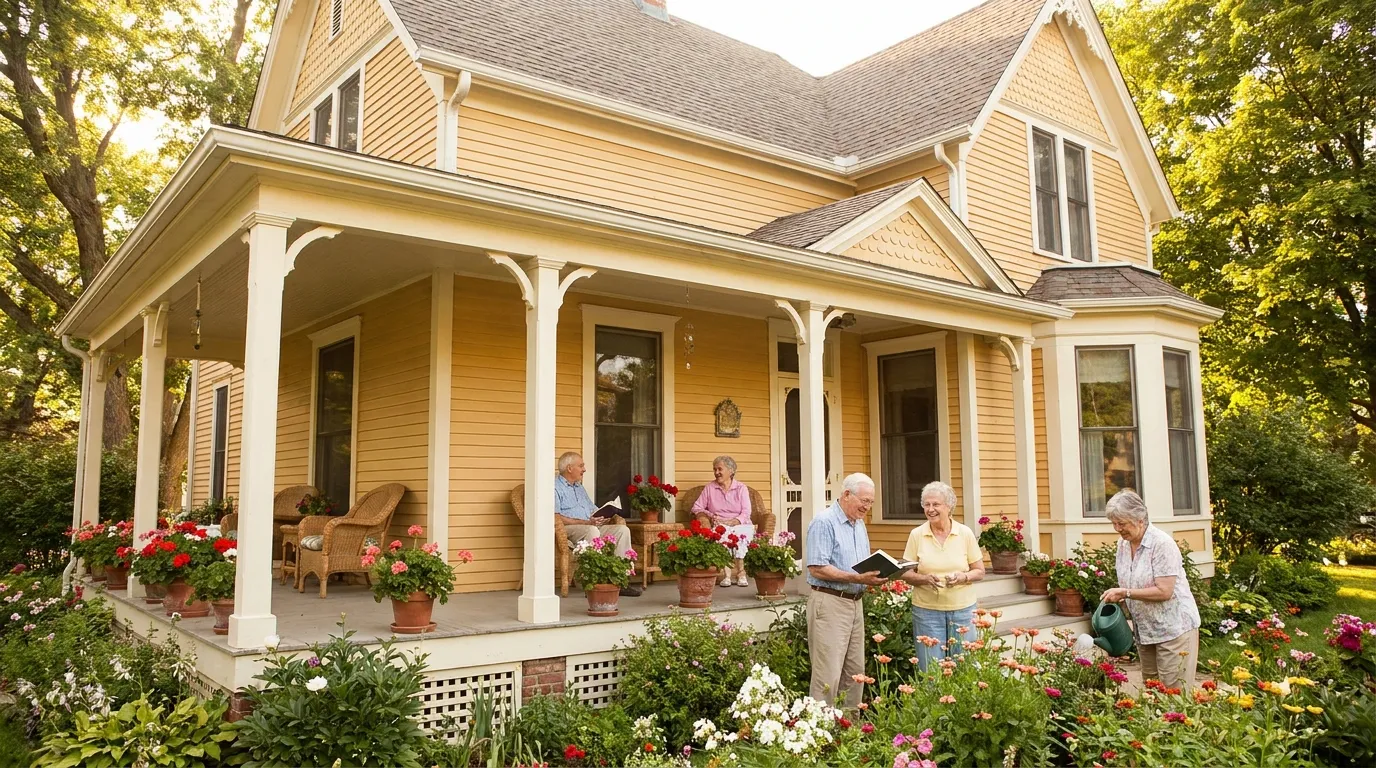 Elderly people gathering at a beautifully restored community house