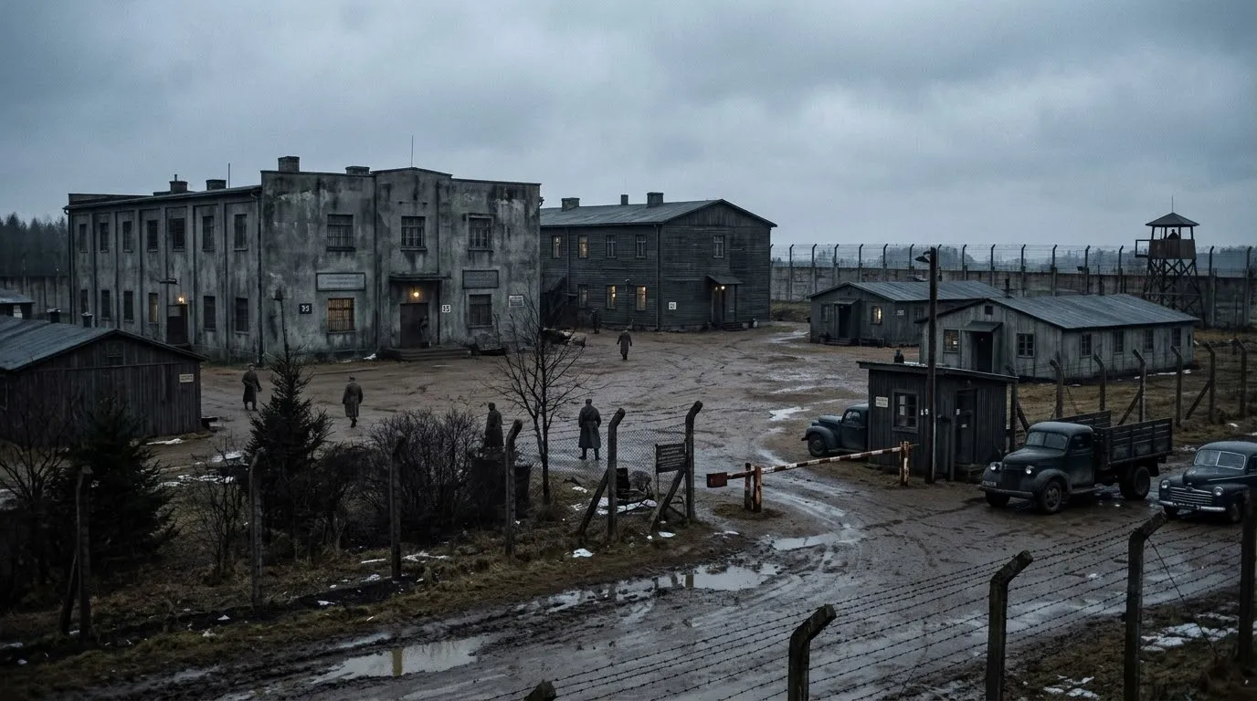 Imposing, bleak administrative buildings of a secret labor camp surrounded by fences.