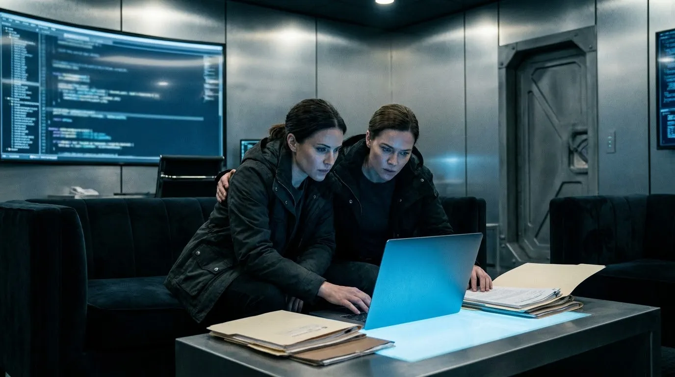 Two women sitting in a hidden office looking at files and a laptop screen