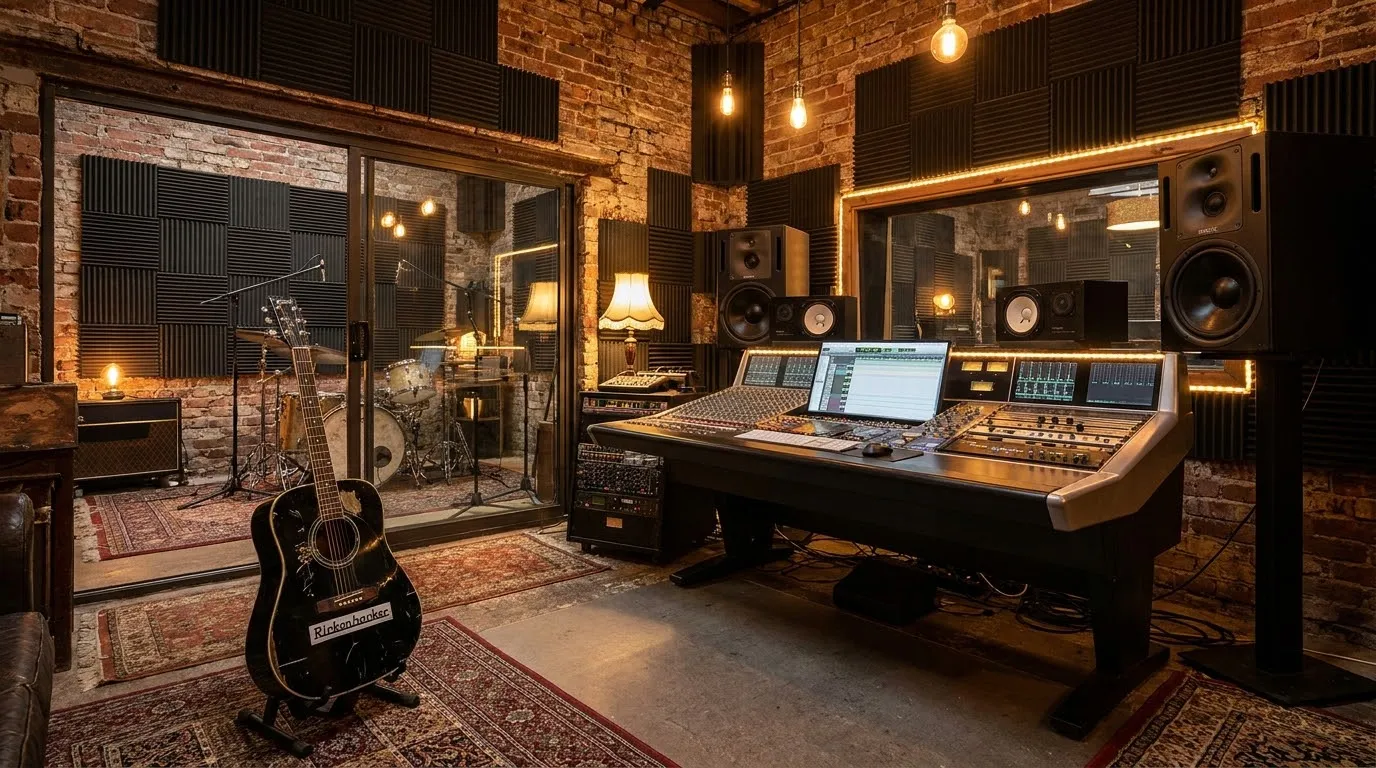 A beautiful, hidden recording studio with warm lights and modern mixing equipment