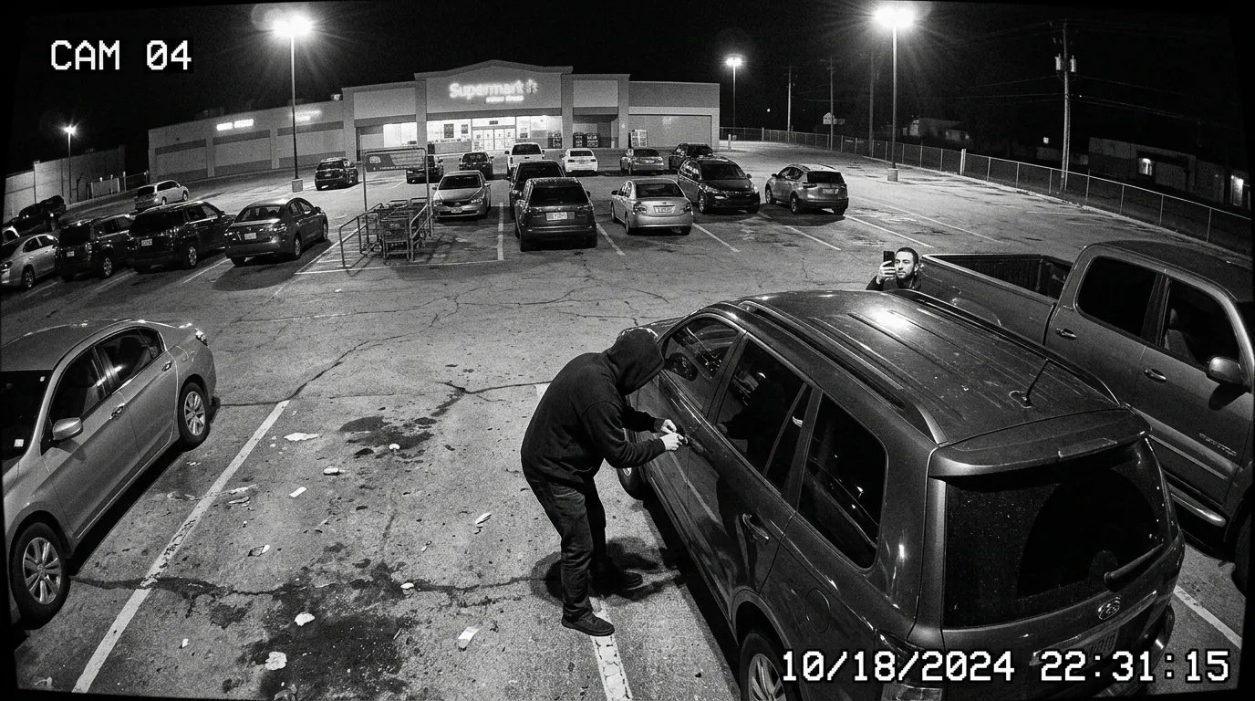 Black and white security camera footage showing a man unlocking a car while another films him