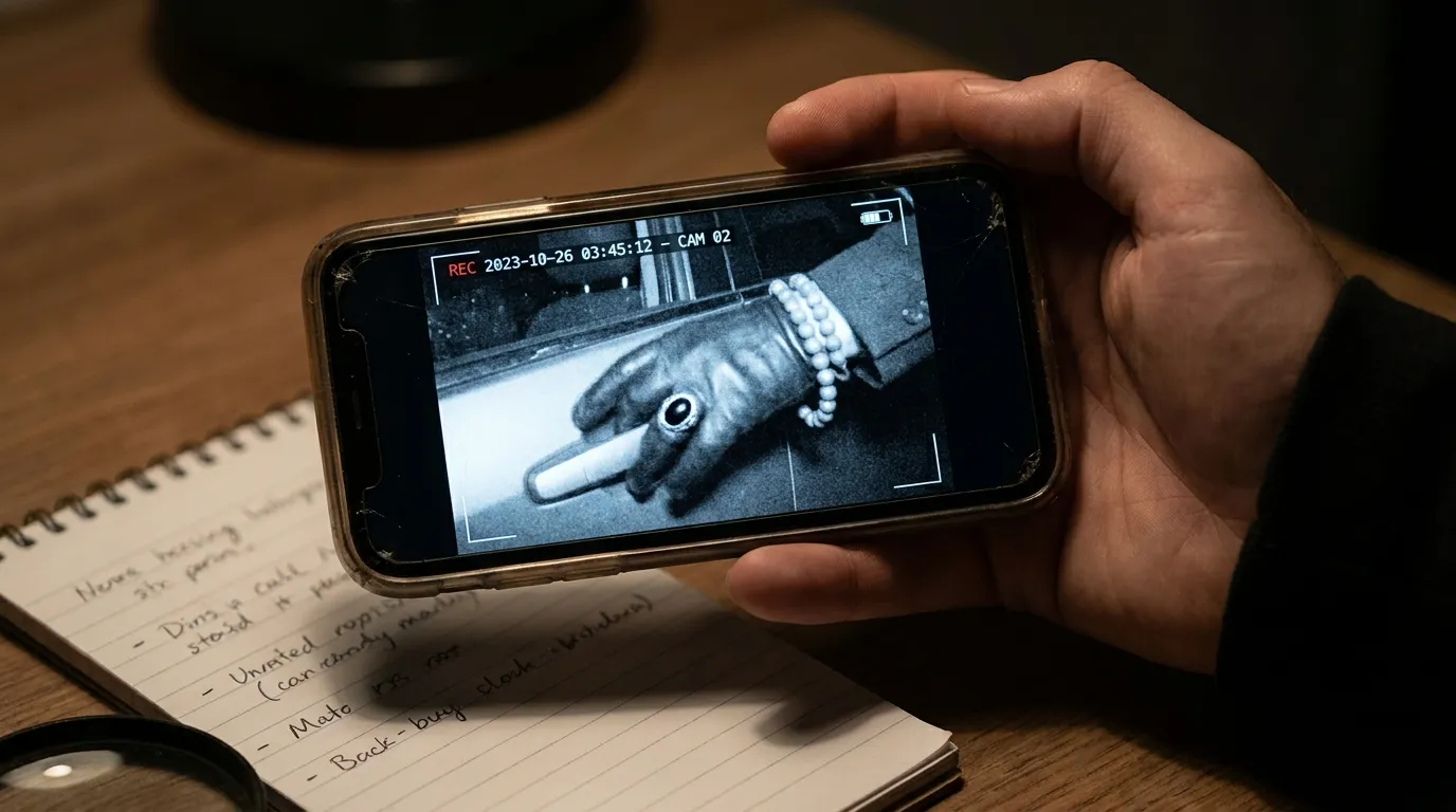 Security footage showing a hand with an emerald ring locking a car door