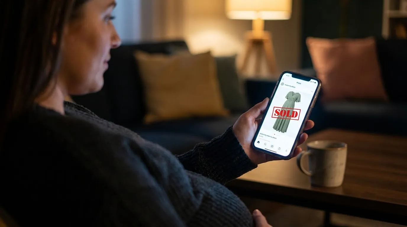 A smartphone screen showing an online marketplace listing for a maternity dress marked as sold.