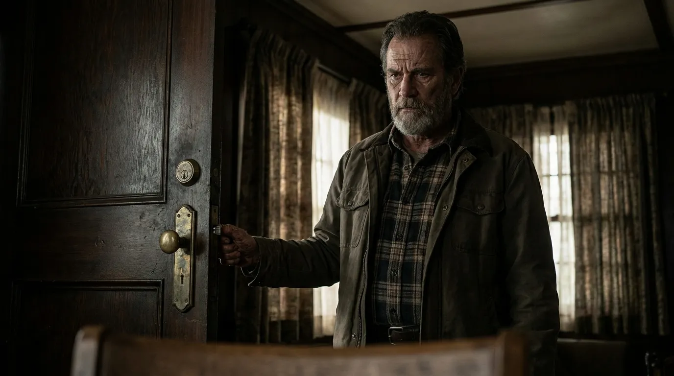 An older man looking serious as he locks a heavy wooden door