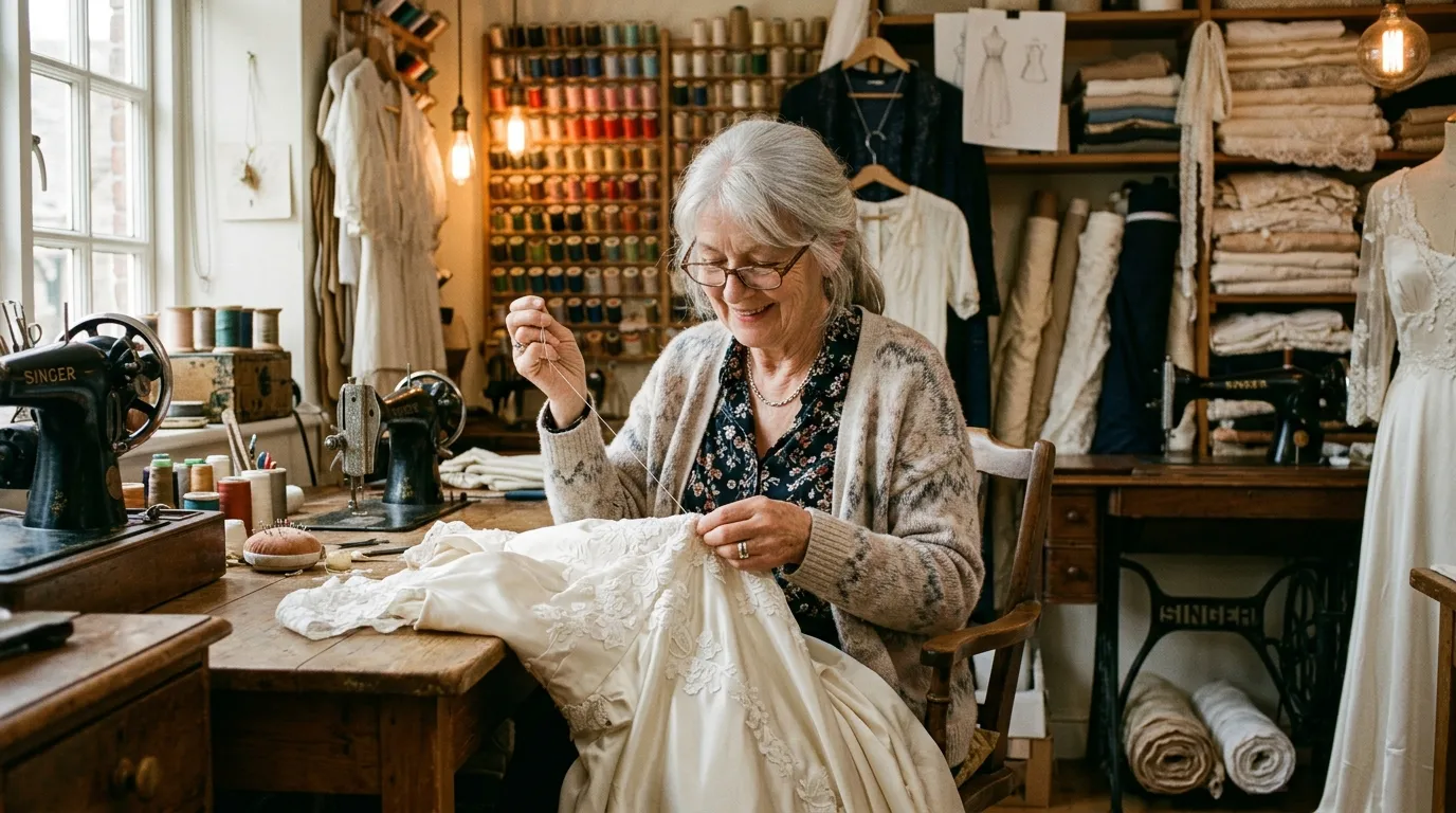 Older woman sewing an ivory lace wedding dress in a cozy shop