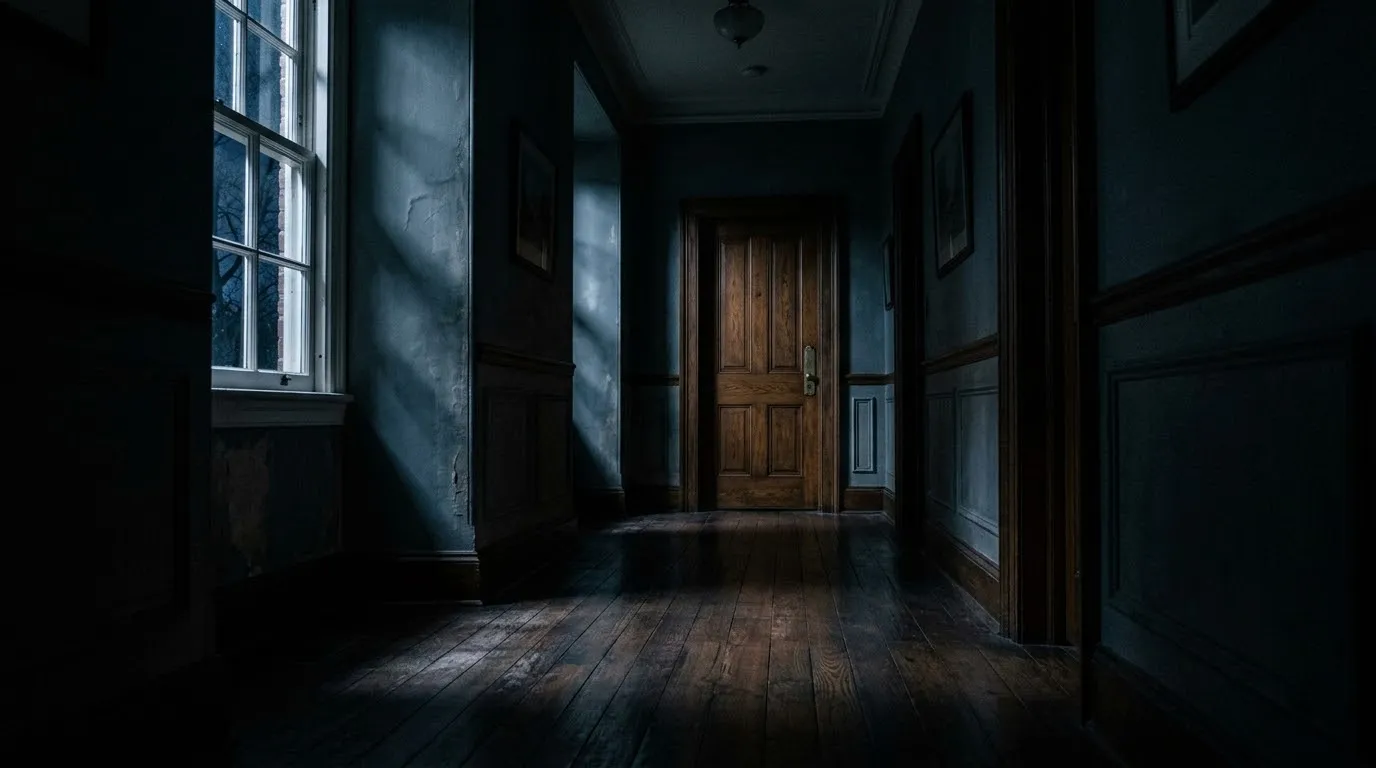 A dark, shadowy hallway in a quiet house at midnight.