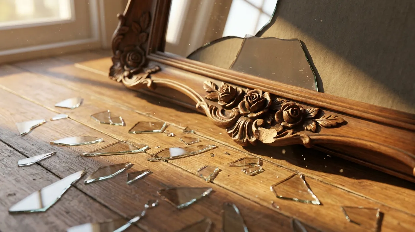 A shattered antique mirror with a carved walnut frame scattered across a hardwood floor