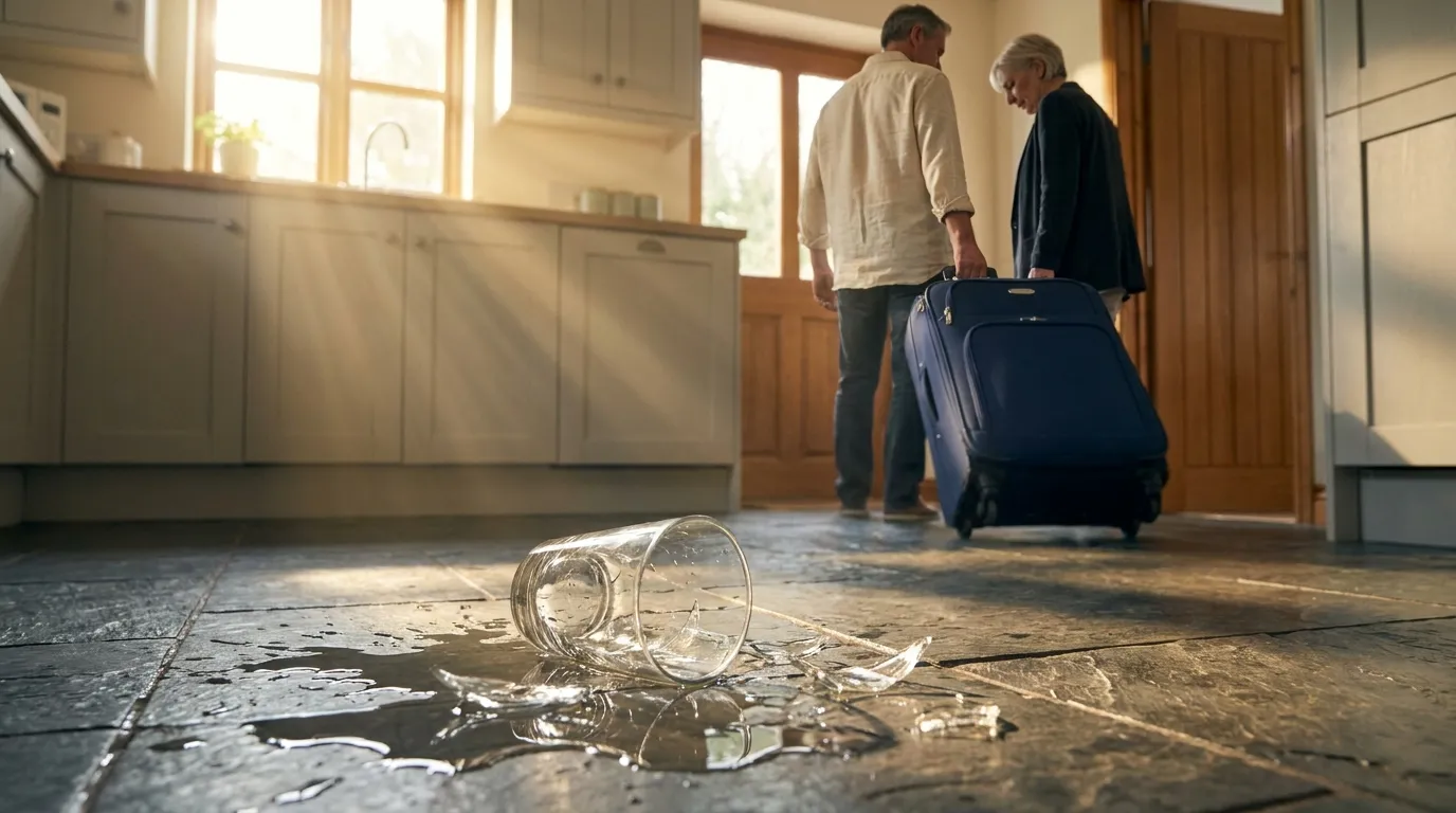 A shattered glass on a kitchen floor with a man and woman walking away with a luxury suitcase in the background