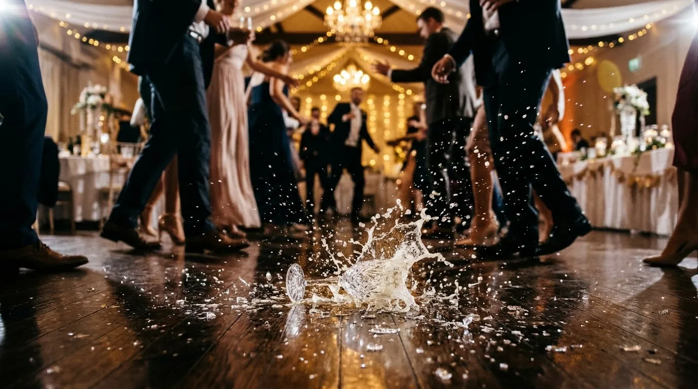 A dropped crystal champagne glass shattering on a polished wooden dance floor at a wedding reception.