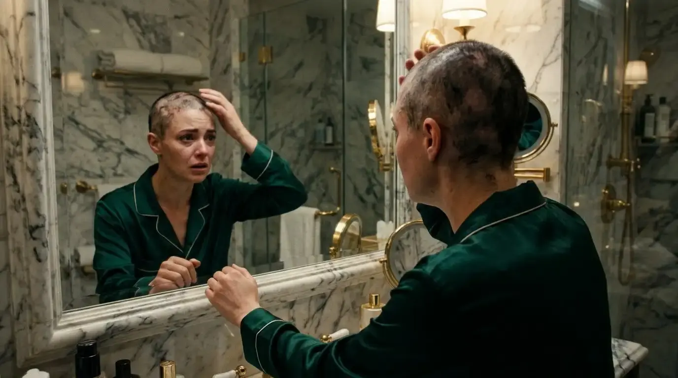 A woman in silk pajamas looking at her shaved head in a luxurious hotel mirror