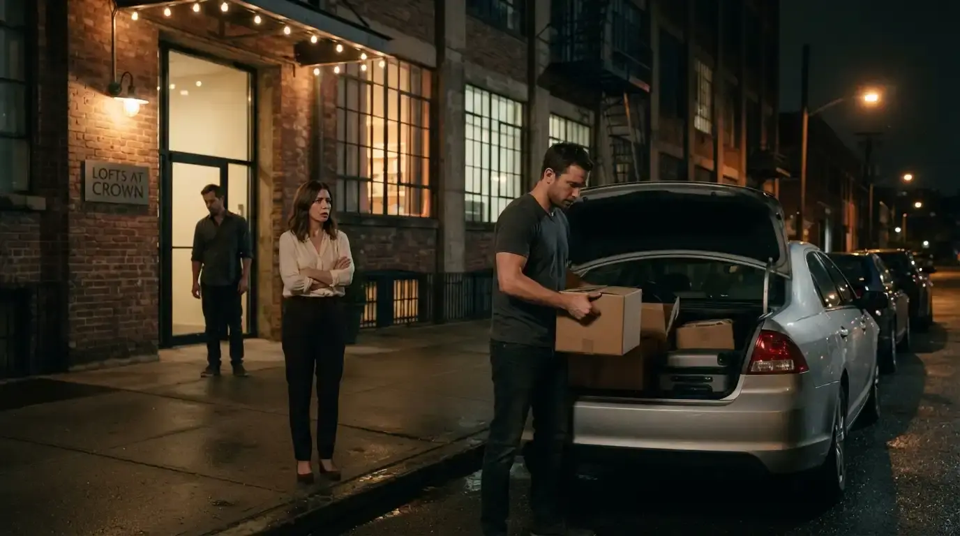 Shawn stands beside packed boxes outside Jason's apartment building as Lana looks shocked