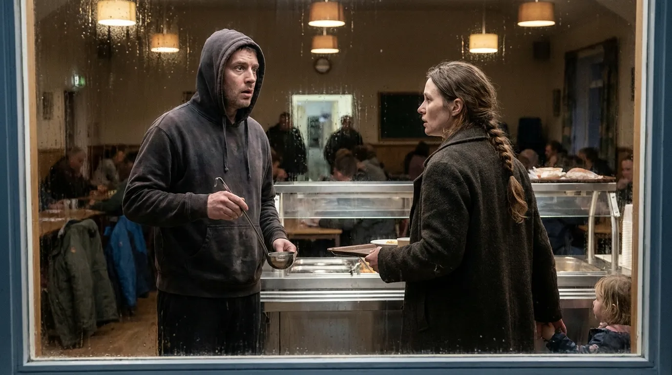 Man serving soup looking shocked at a woman and child in line