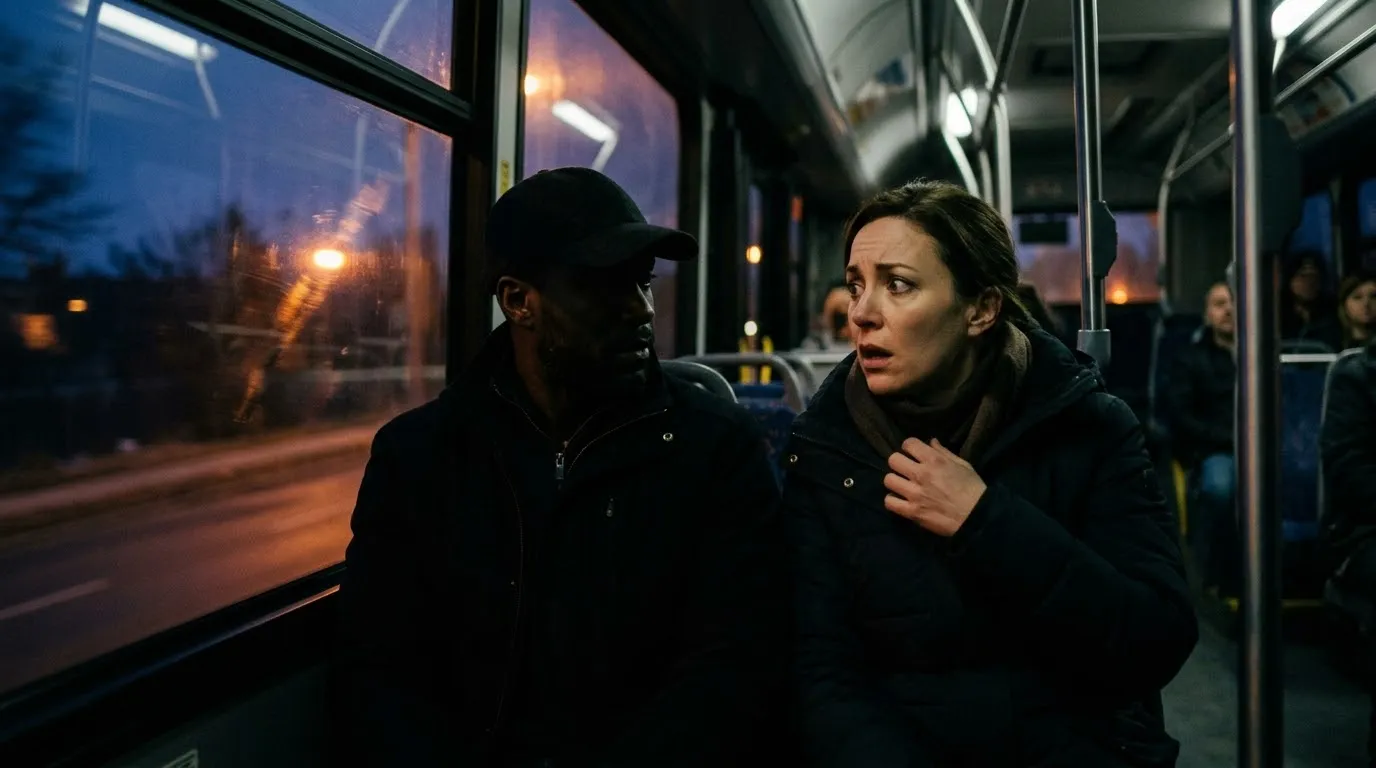 A woman looking in complete shock at a man sitting beside her on a dimly lit bus.