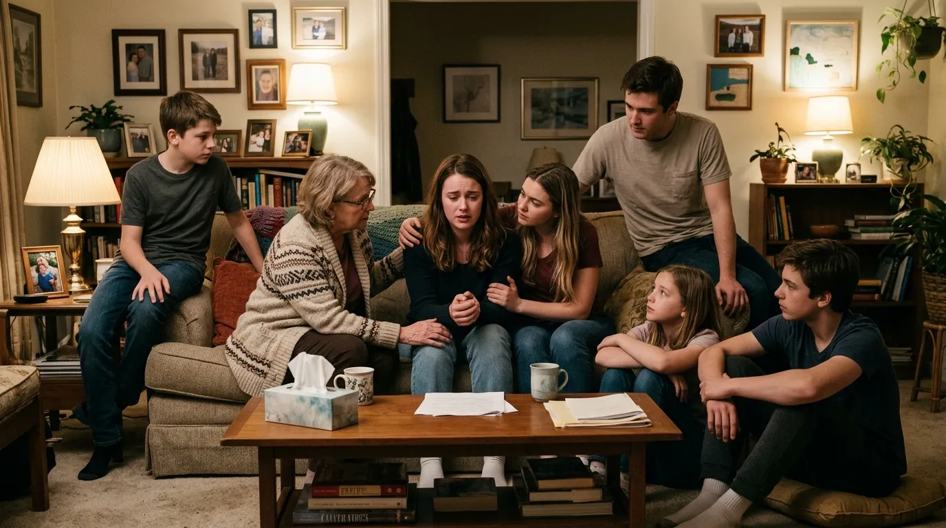 Brianna confronting her five emotional siblings in the living room
