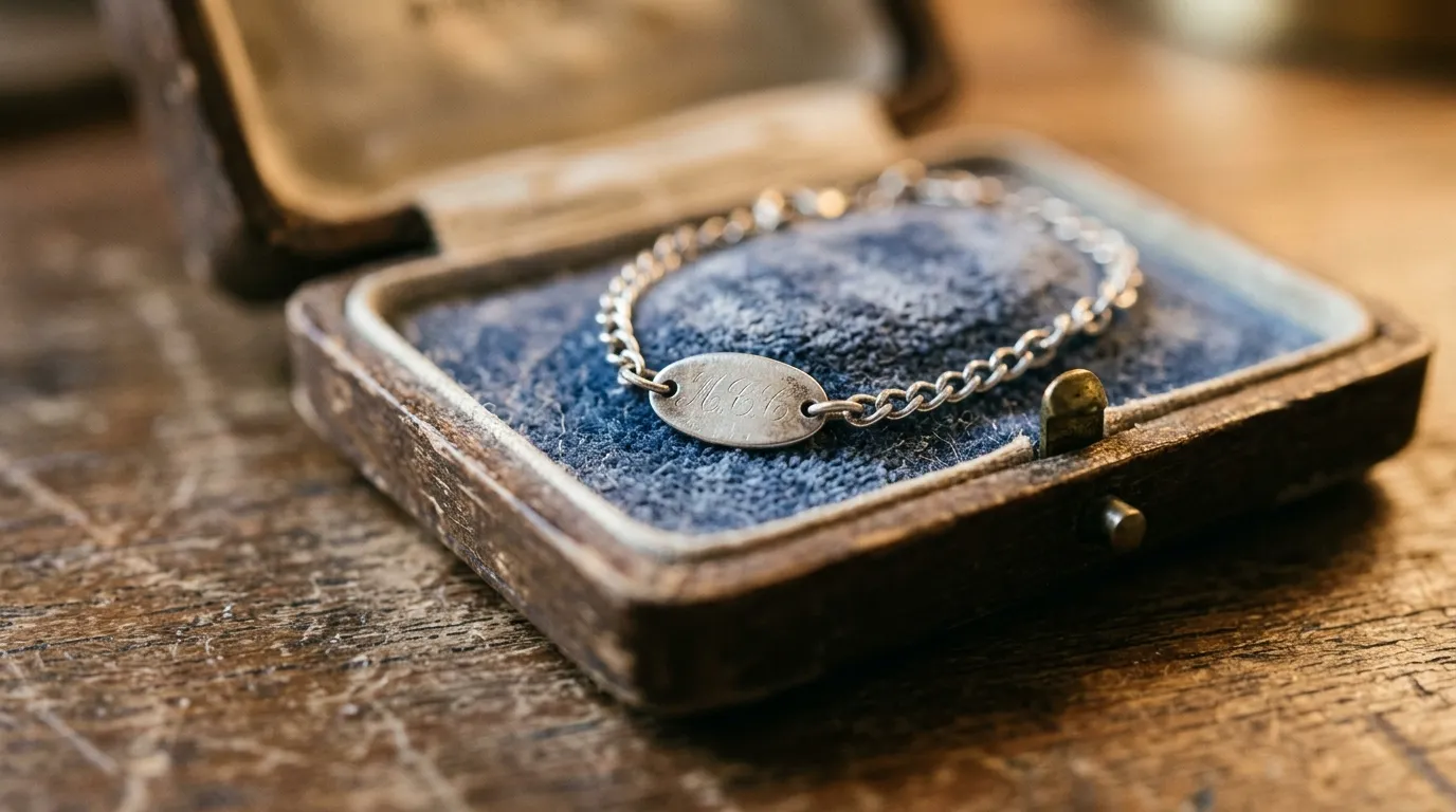 A delicate silver chain bracelet with an engraved oval plate resting on faded blue velvet in a wooden box