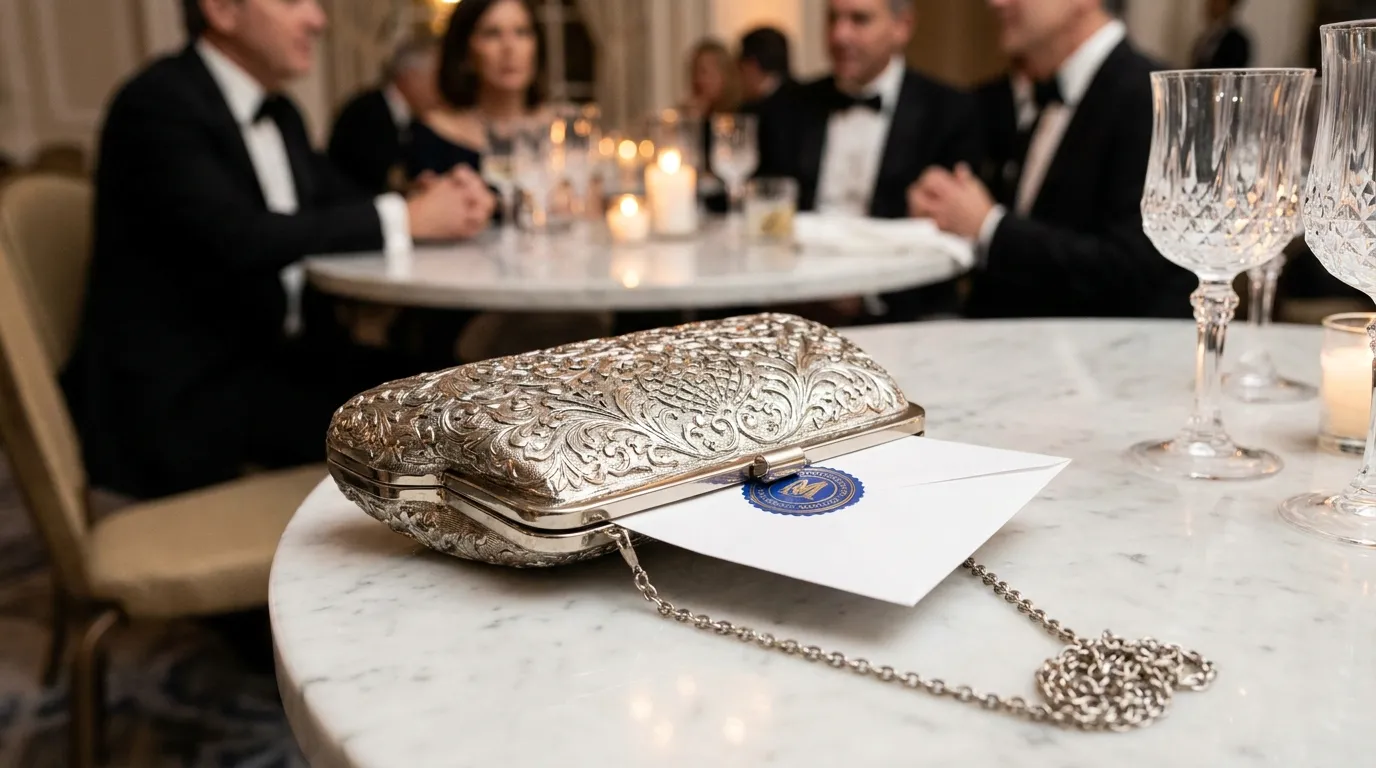 Silver clutch purse on a marble table with a Genetech laboratory envelope showing
