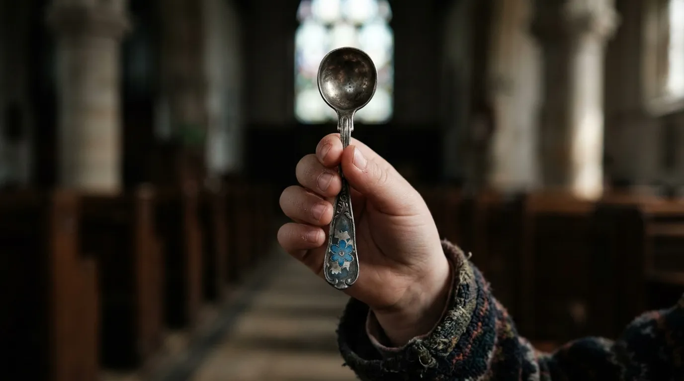 A child's hand holding a tiny silver measuring spoon with a faded blue flower on the handle