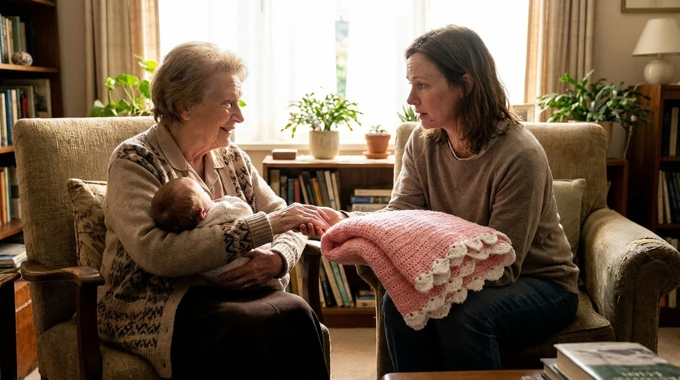 An adult daughter handing a knitted pink baby blanket to her elderly mother who is holding a baby