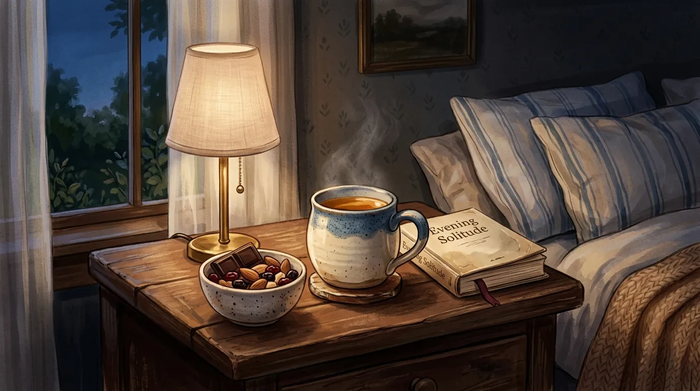 A bedside table with a small bowl of snacks and a warm mug