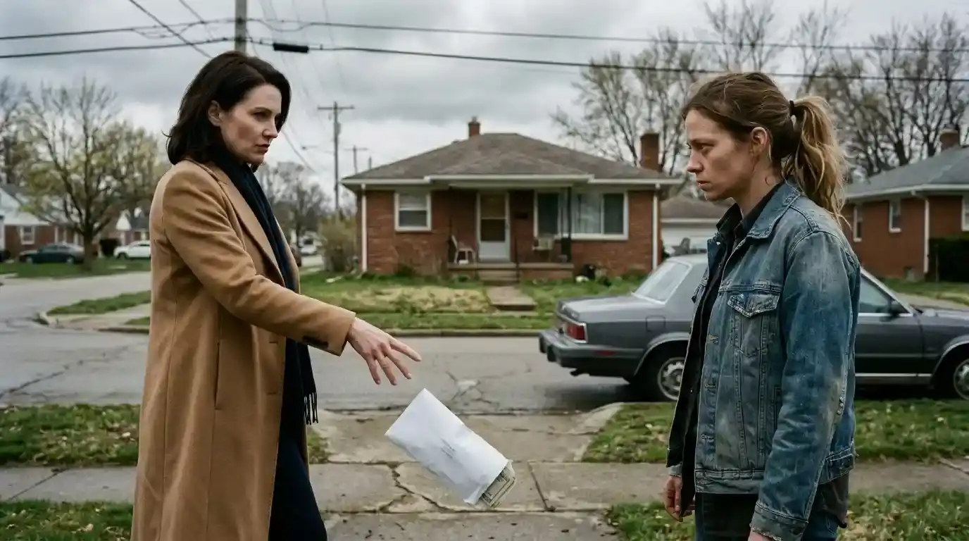 Monica dropping an envelope of cash on the pavement during a tense confrontation with Rebecca