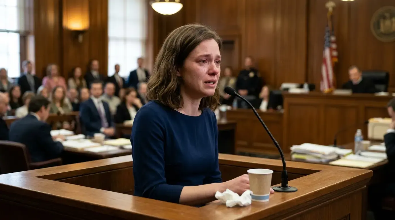 A young woman in a modest navy dress crying while testifying in a courtroom