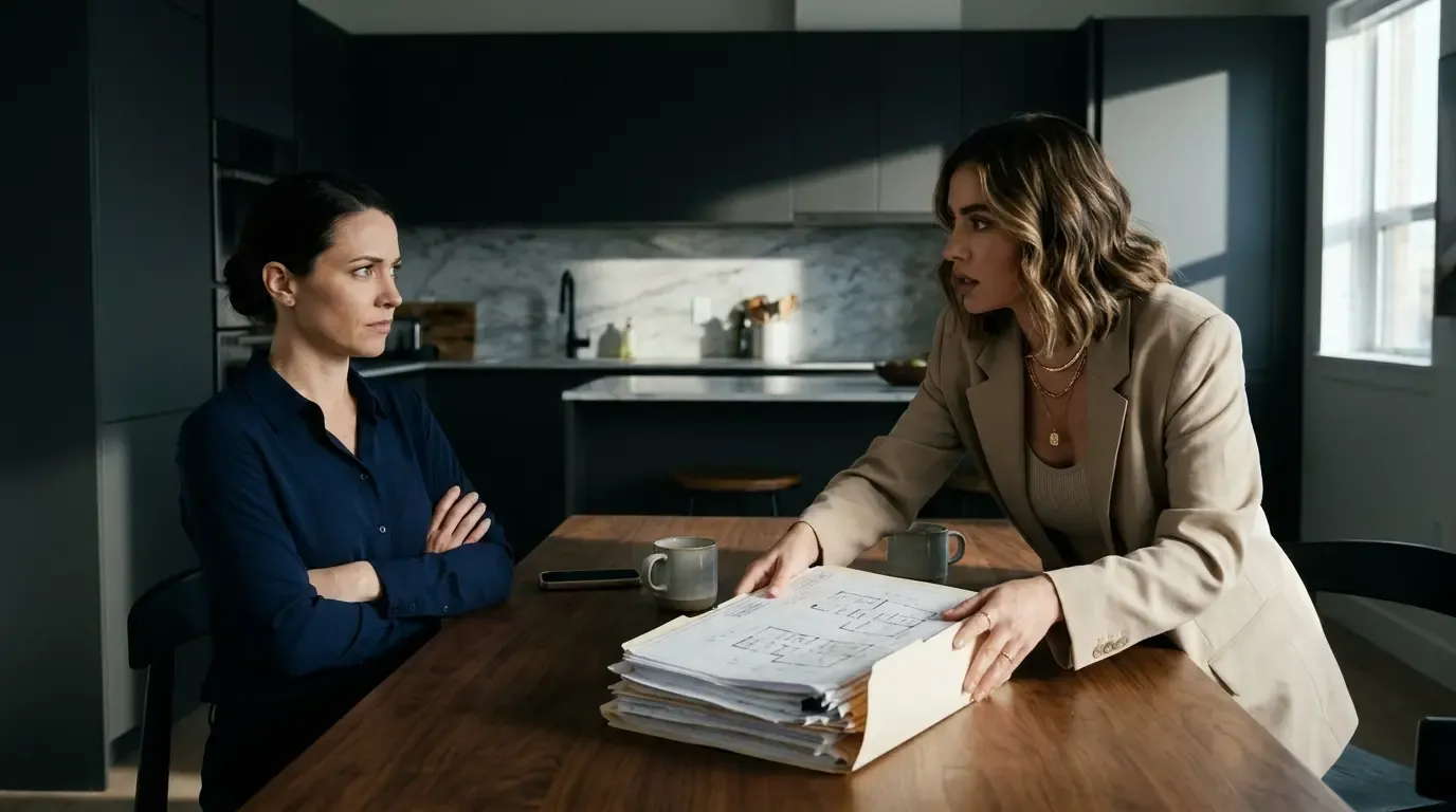 Two sisters arguing across a modern apartment table over business documents