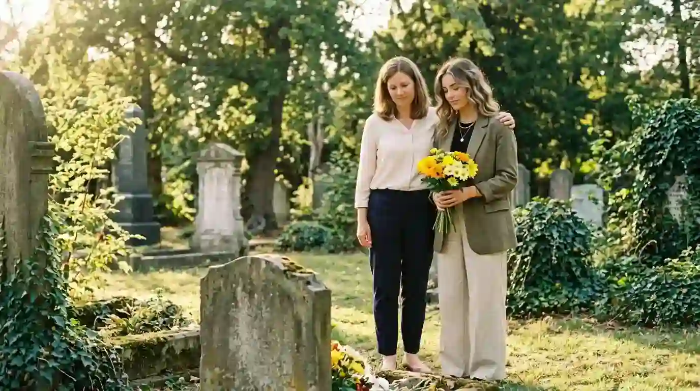 Two sisters standing together in a sunlit cemetery holding yellow flowers