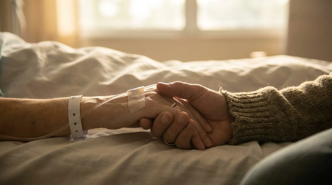 Two women holding hands on a hospital bed, sunlight washing over them.