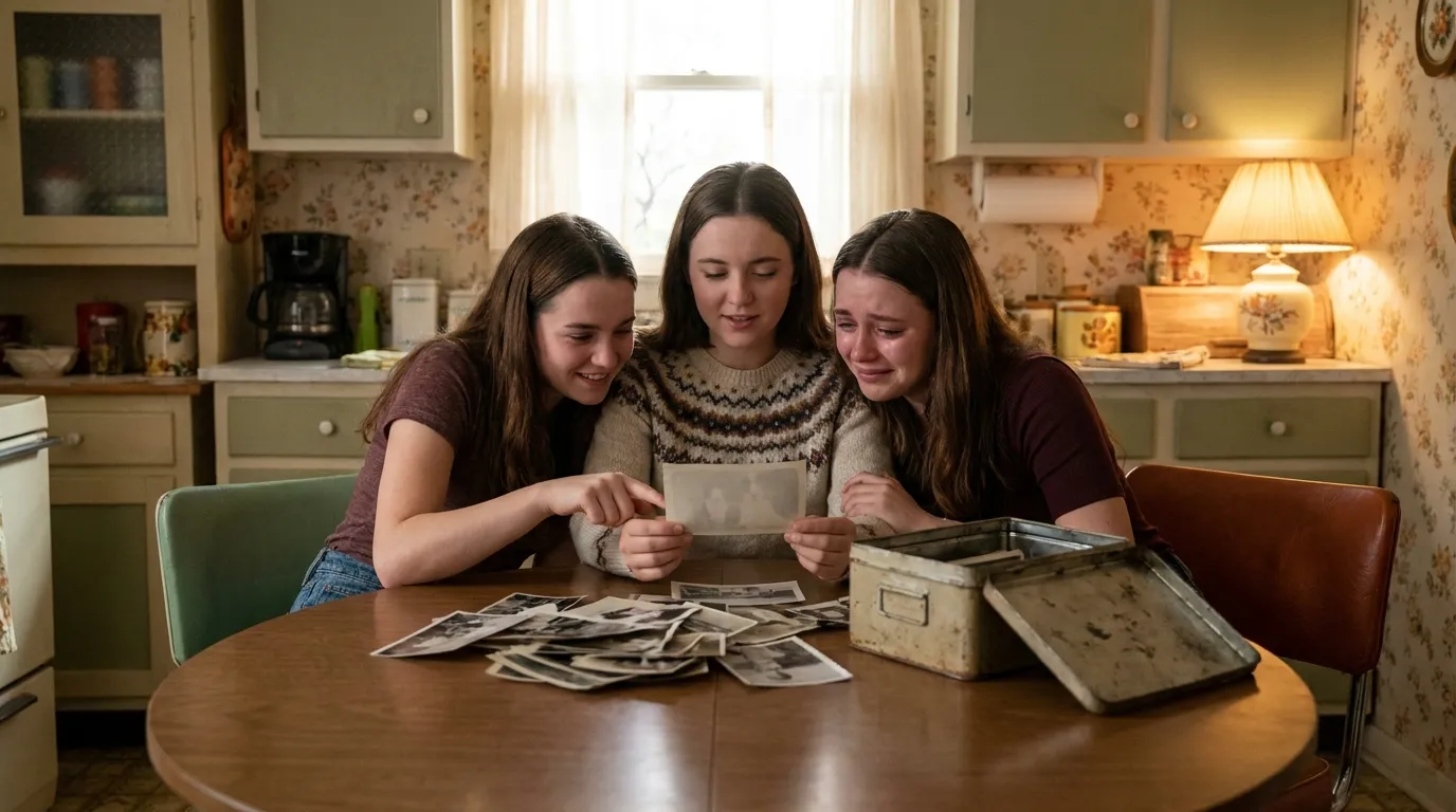 Three young women sitting around a wooden table scattered with old faded photographs.