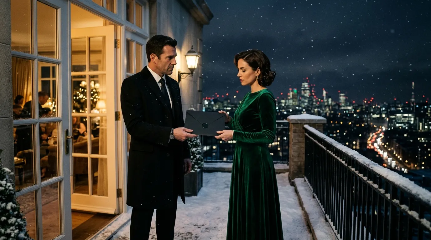 Lorenzo handing Isabella the sealed black folder on a snowy balcony.