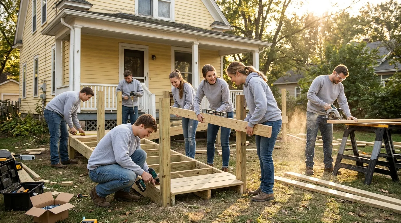Young soldiers building a wooden wheelchair ramp for an elderly woman's house