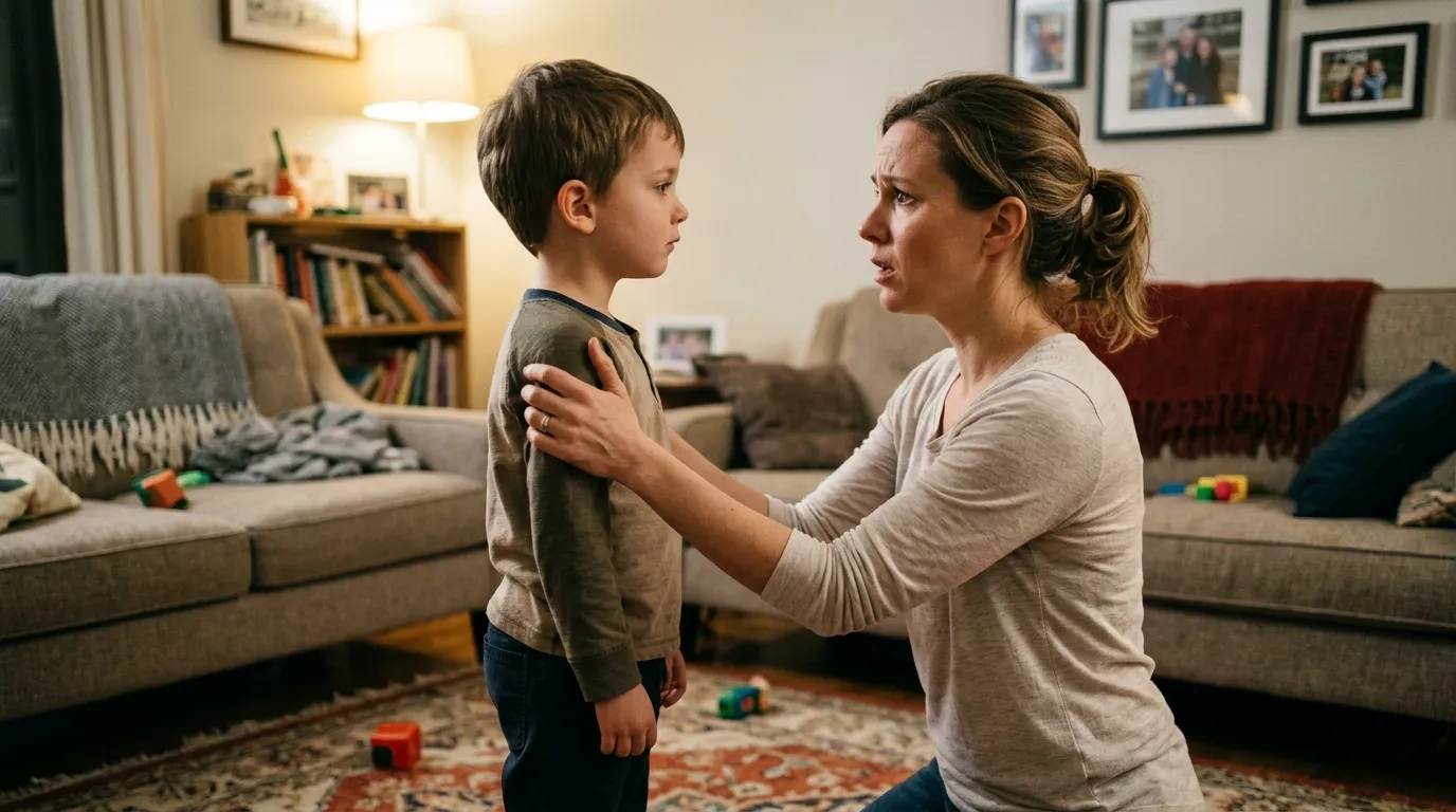 A young boy explaining a secret to his concerned mother.