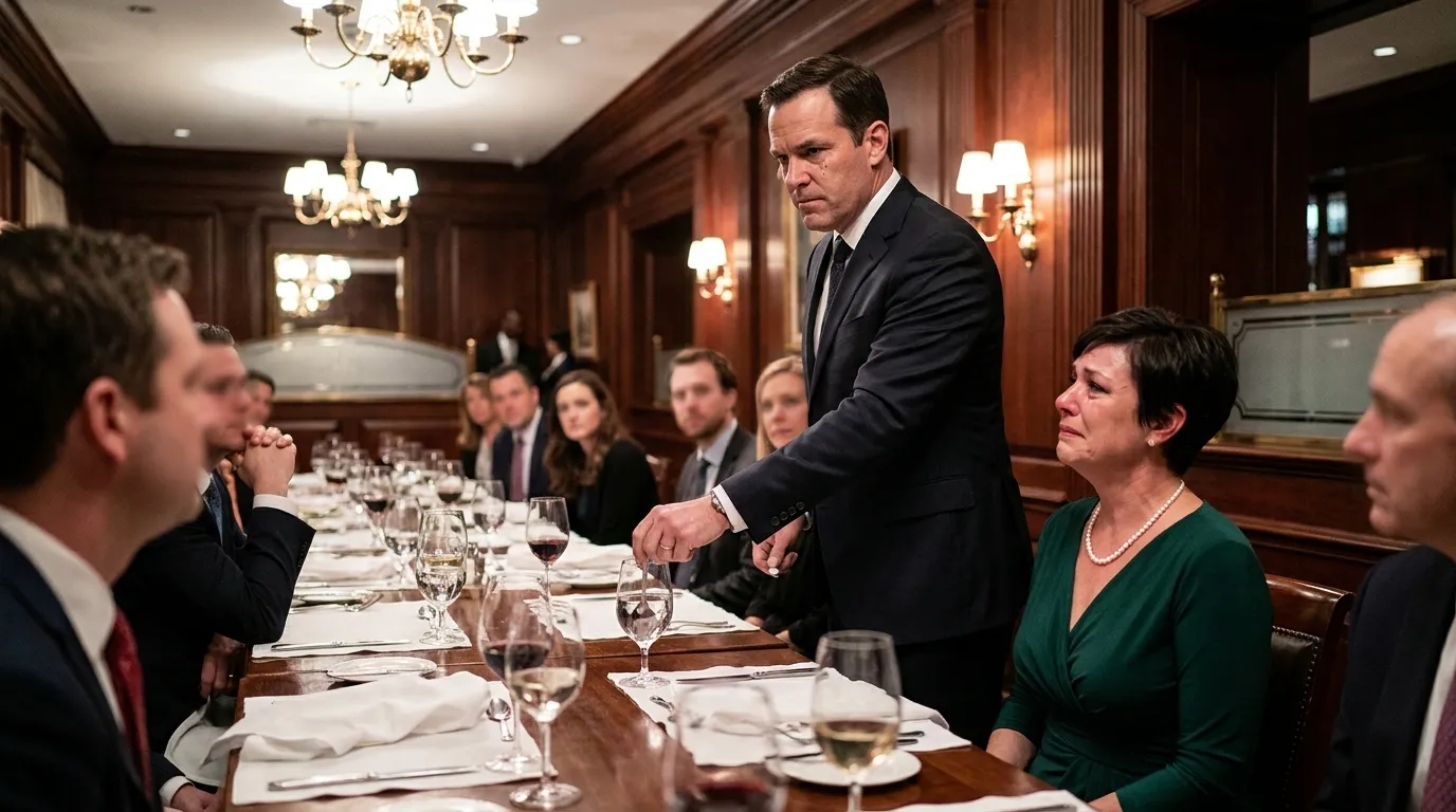 A handsome young man stands at a large dining table, tapping a water glass with a spoon to make a public toast.