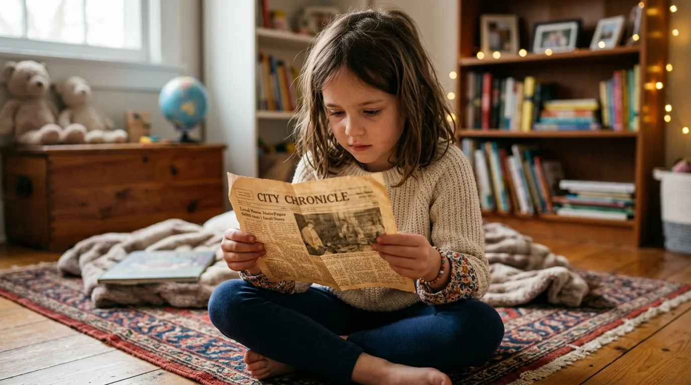 Seven-year-old girl holding an old clipping