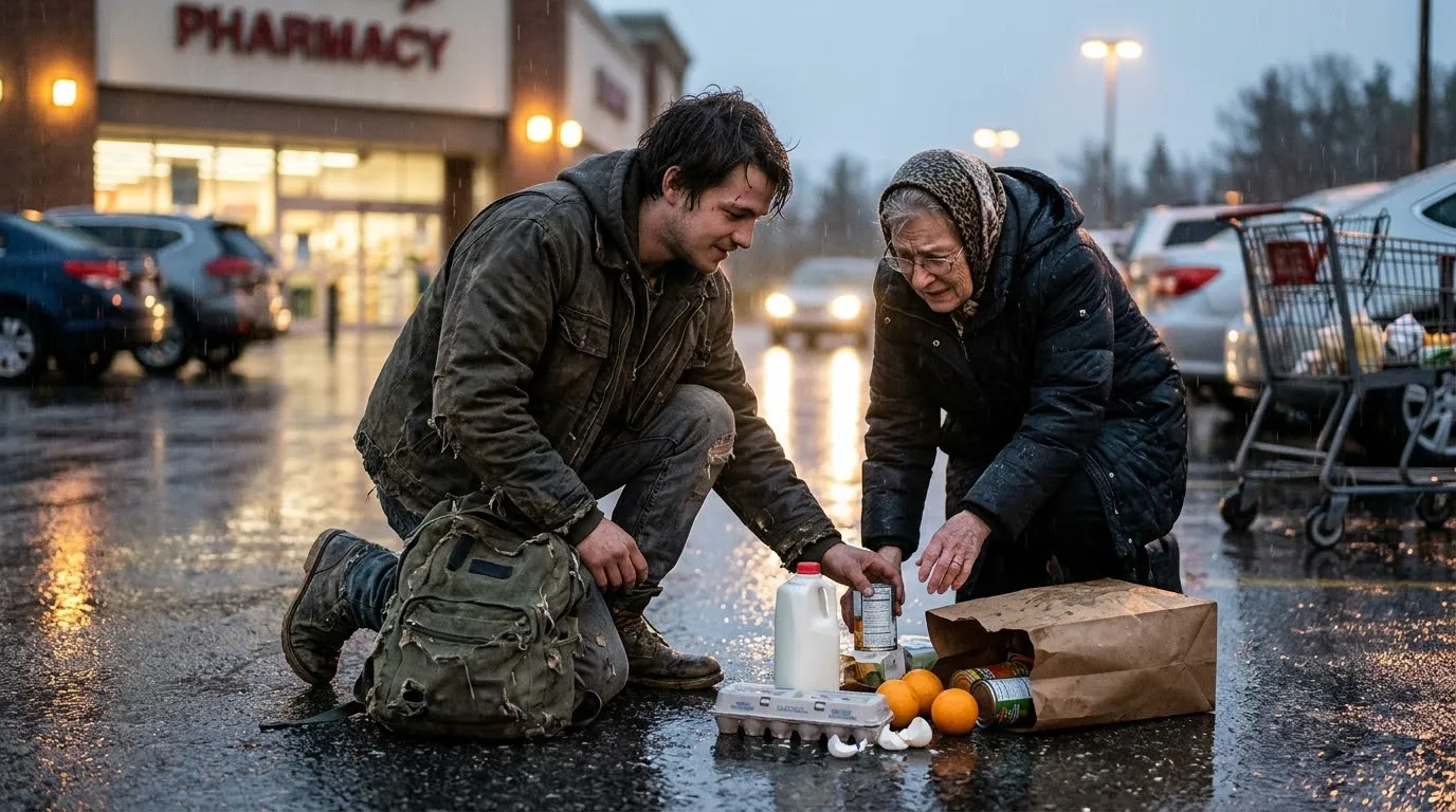Homeless man helping an elderly woman with spilled groceries in the rain