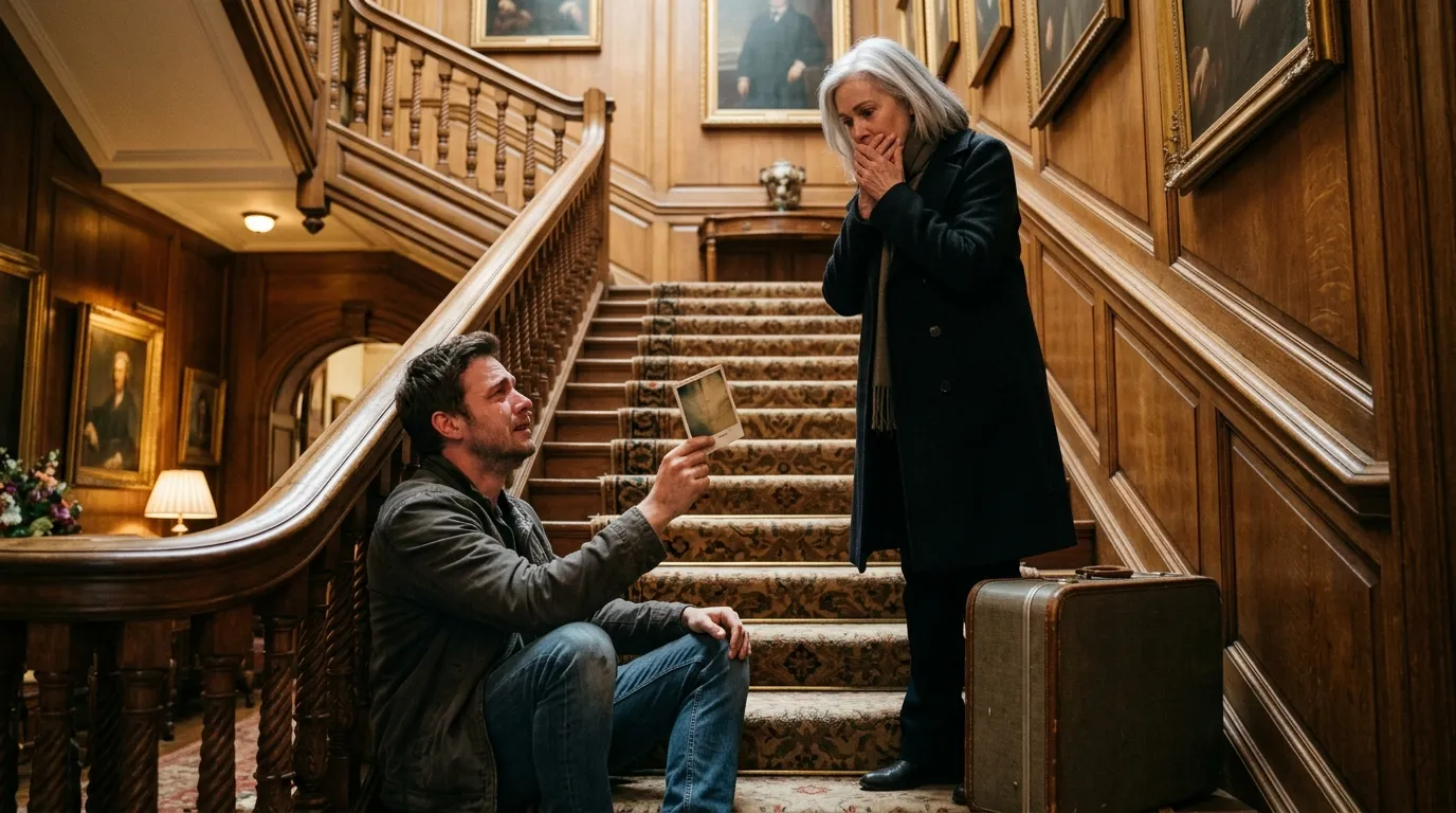 Husband crying on the staircase holding an old photo as his wife watches in shock