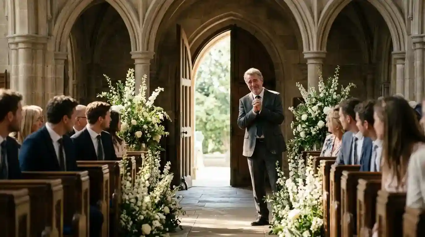 Stepdad Tim standing quietly at the back of the church watching the bride walk down the aisle