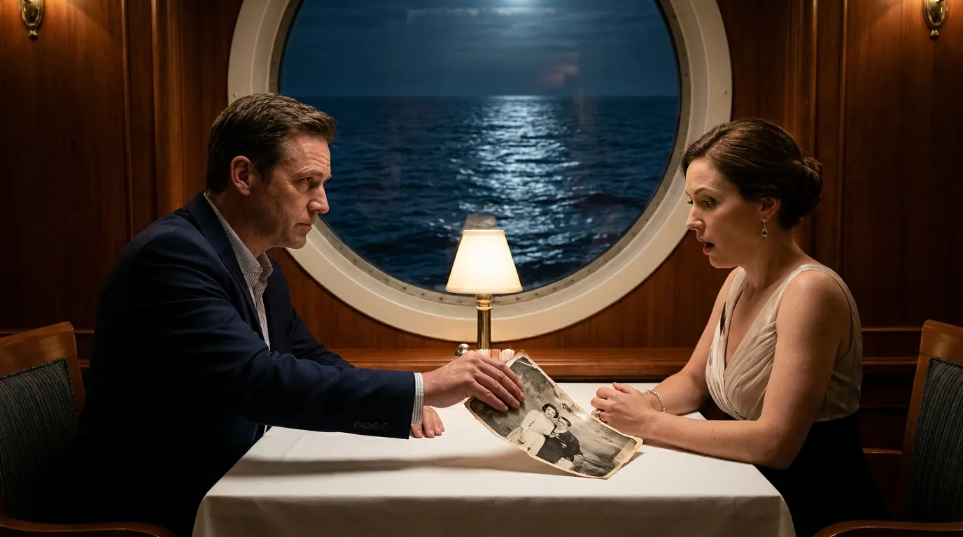 Man in a navy blazer sliding an old photograph across a dining table to a woman
