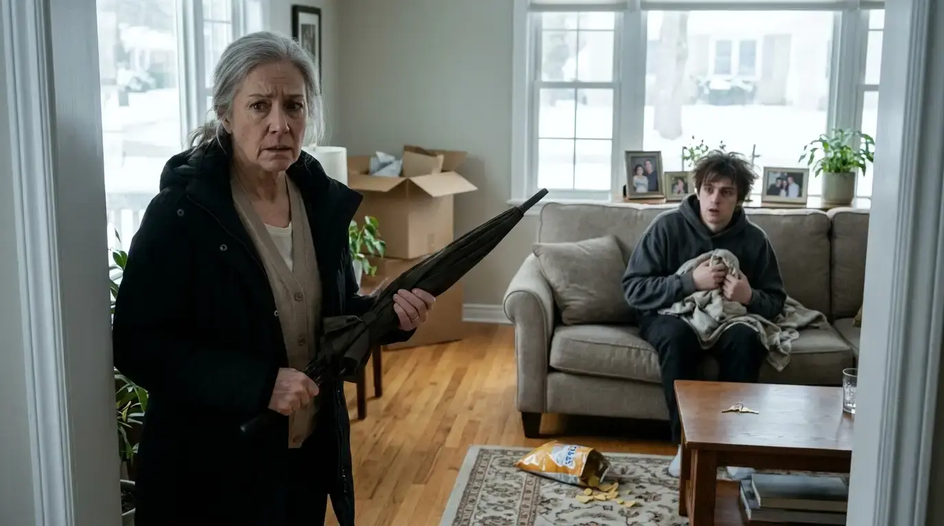 A 62-year-old widow discovers a young stranger sleeping on her living room couch with a house key on the coffee table.